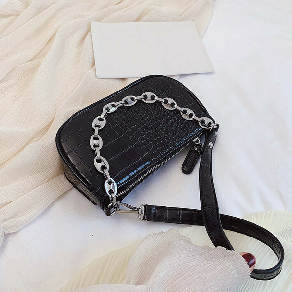 Alligator Pattern Shoulder Totes Bag Women Leather Chain Handbag (Black)