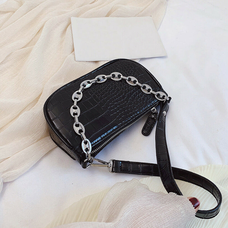 Alligator Pattern Shoulder Totes Bag Women Leather Chain Handbag (Black)