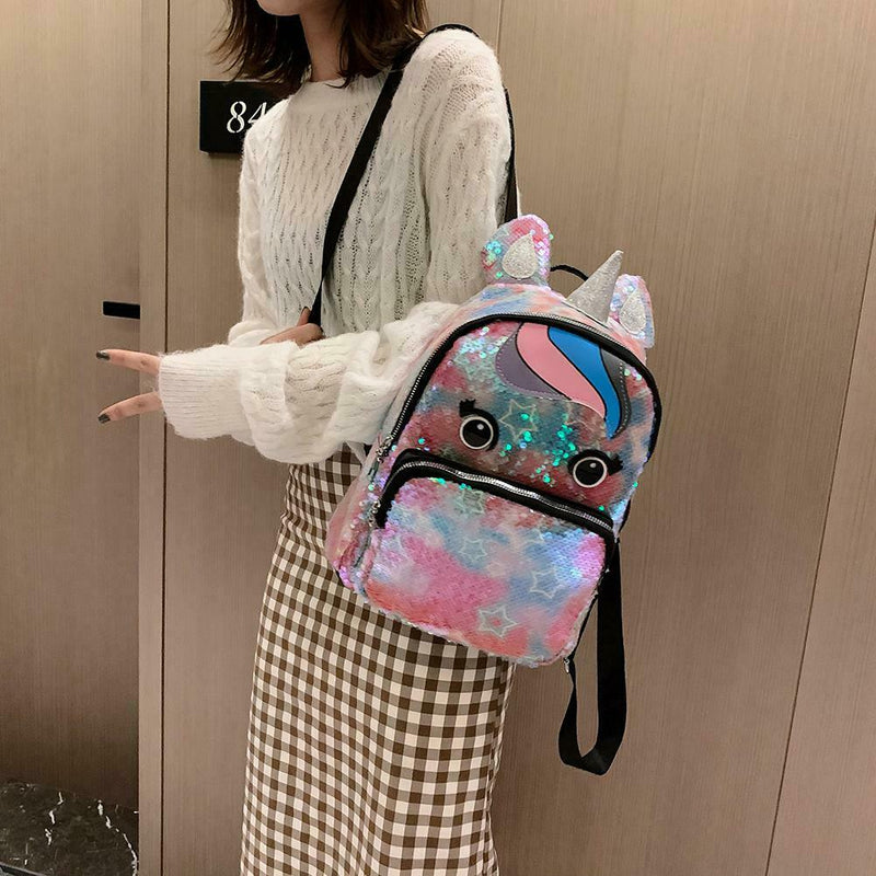 Sequin Backpack Lovely Horn Shoulder School Bag Women Travel Knapsack (2) A