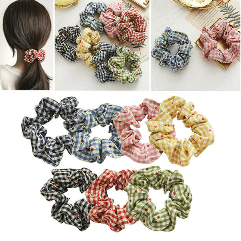 6Pieces Daisy Hair Scrunchies Cotton Flower  Hair Scrunchies Plaid Elastic Hair