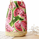 Folk Women Watermelon Print Bucket Handbag Beach Canvas Straw Shoulder Bag