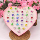 36pcs Colorful Rhinestone Gem Rings in Box, Adjustable Little Girl Jewel Ri
