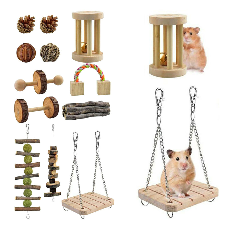 12Pc Guinea Pig Toys Wooden Dumbells Exercise Bell Roller Fun Pet Balls Supplies