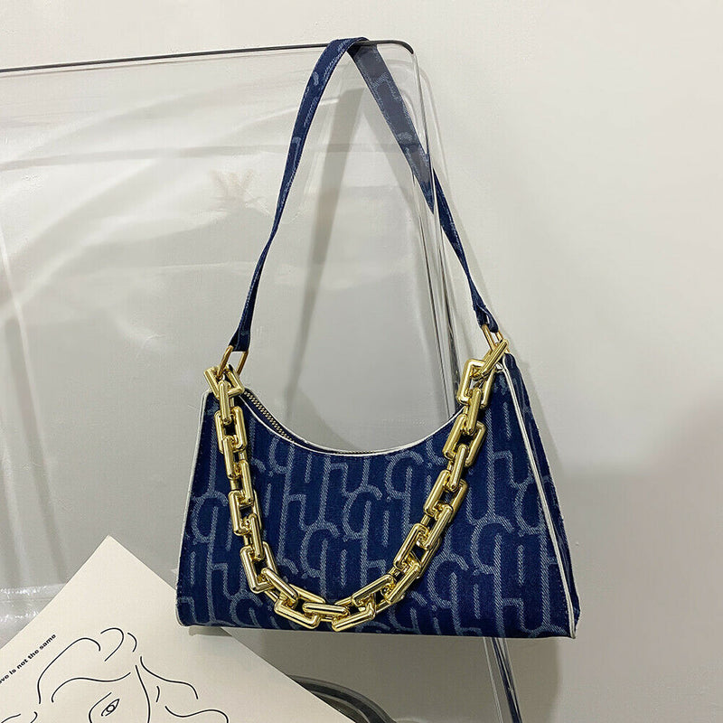 Casual Printed Women Handbag Totes PU Chain Underarm Shoulder Bags (Blue) A
