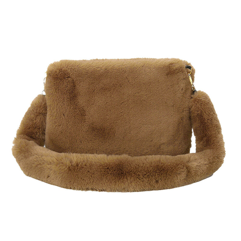 Women Plush Messenger Bag Big Capacity Fluffy Shoulder Handbags (Brown)