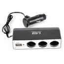 Triple Socket Splitter Cigarette Lighter Adapter Plug & USB Port 3 Way Charge ^
