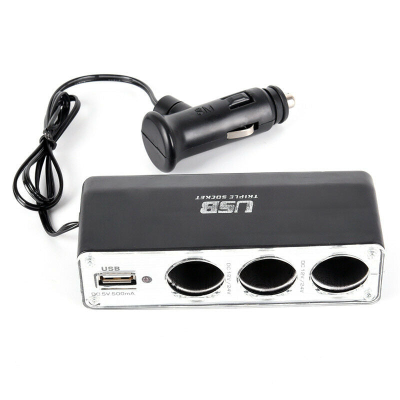 Triple Socket Splitter Cigarette Lighter Adapter Plug & USB Port 3 Way Charge ^