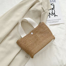 Women Straw Handbag Beach Woven Bucket Totes Travel Shopping Bag (White)