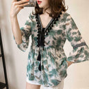 Women Plus Size Floral Print Chiffon Loose V-Neck Sleeve Top (Green) (XXL)