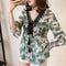 Women Plus Size Floral Print Chiffon Loose V-Neck Sleeve Top (Green) (XXL)