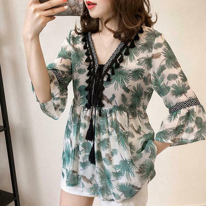 Women Plus Size Floral Print Chiffon Loose V-Neck Sleeve Top (Green) (XXL)