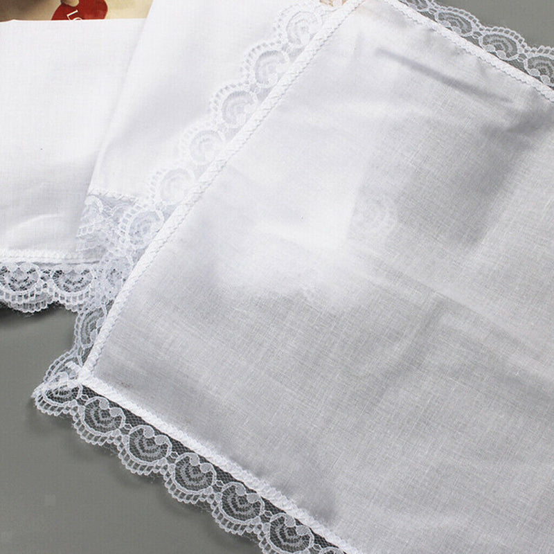 5pcs Lady Cotton Handkerchiefs Lace Trim White Hanky Kerchief  Square
