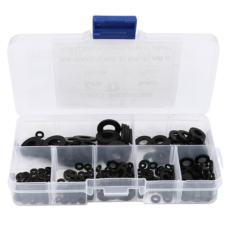 250Pcs Black Nylon Washer Flat Washer Assortment Kit M2 M2.5 M3 M4 M5 M6 M8