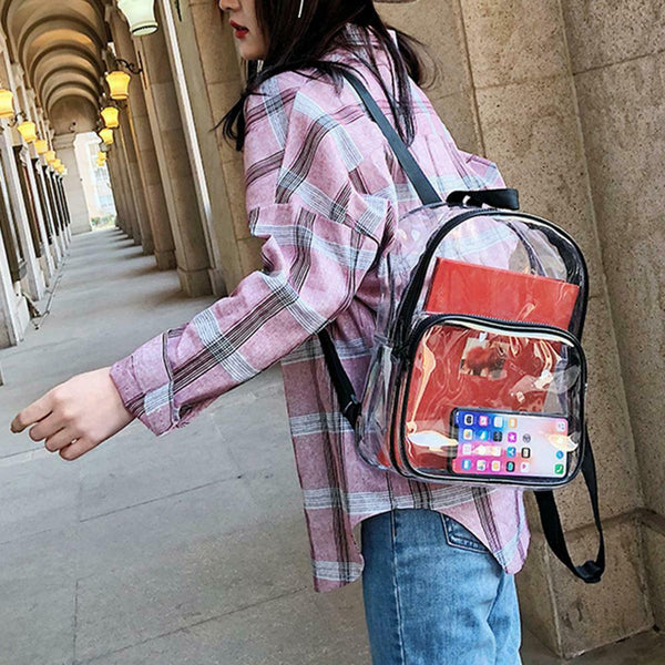 Transparent PVC Backpacks Women Clear School Knapsack Shoulder Bags (Black)