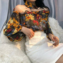 Women Floral Print Tops Off Shoulder Long Sleeve T-Shirts Tunic Tee Shirts- Gw