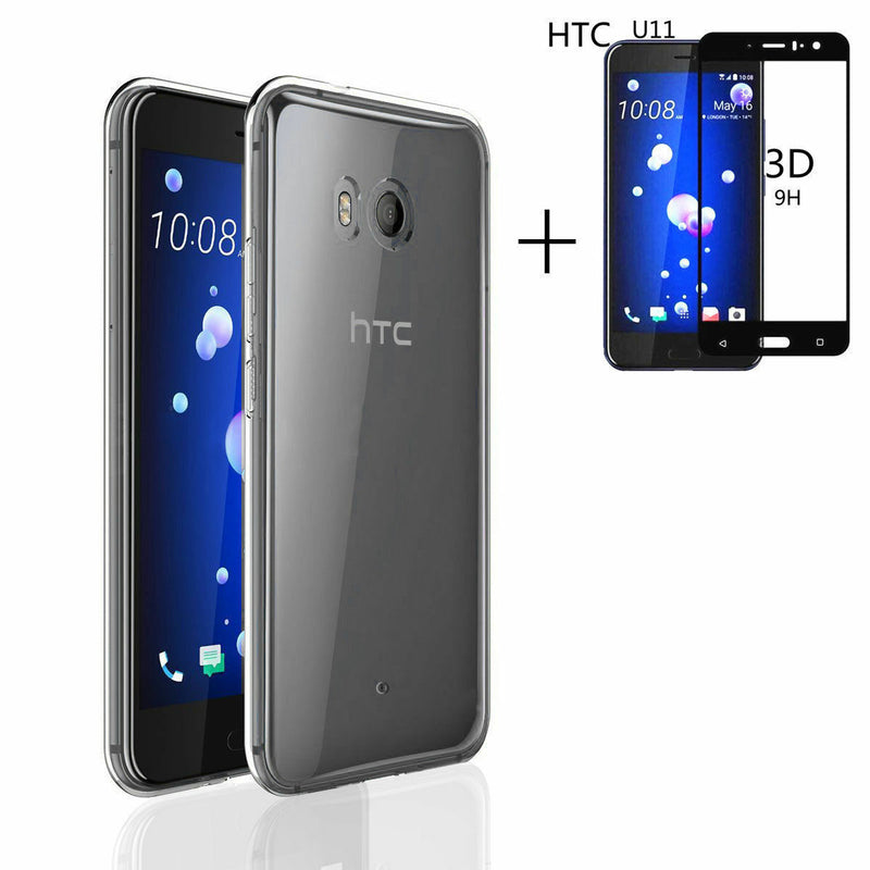 For HTC U11 Ultra Thin Transparent Soft TPU Protective Case Cover+Tempered Glass