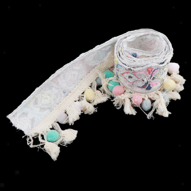 1 Yard Sequins Jacquard Ribbon Trim with Pom Poms Tassel Crafts Supplies