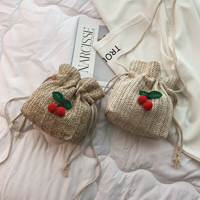 Straw Bag Ladies Beach Bag Personality Messenger Bag Drawstring Cherry Lady W6E6