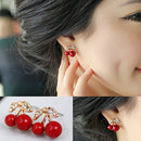 Fashion Women Red Cherry Rhinestone Ear Studs Beads Golden Alloy Leaves Earrings