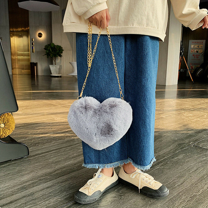 Heart Shaped Messenger Bag Women Girl Plush Shoulder Handbag (Dark Grey)