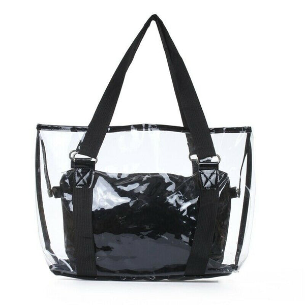 Set 2PCS Women's Handbag Tote Shoulder Bag Transparent PVC Black Fashion H7B4