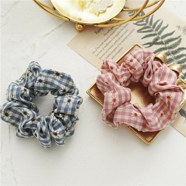 6Pieces Daisy Hair Scrunchies Cotton Flower  Hair Scrunchies Plaid Elastic Hair