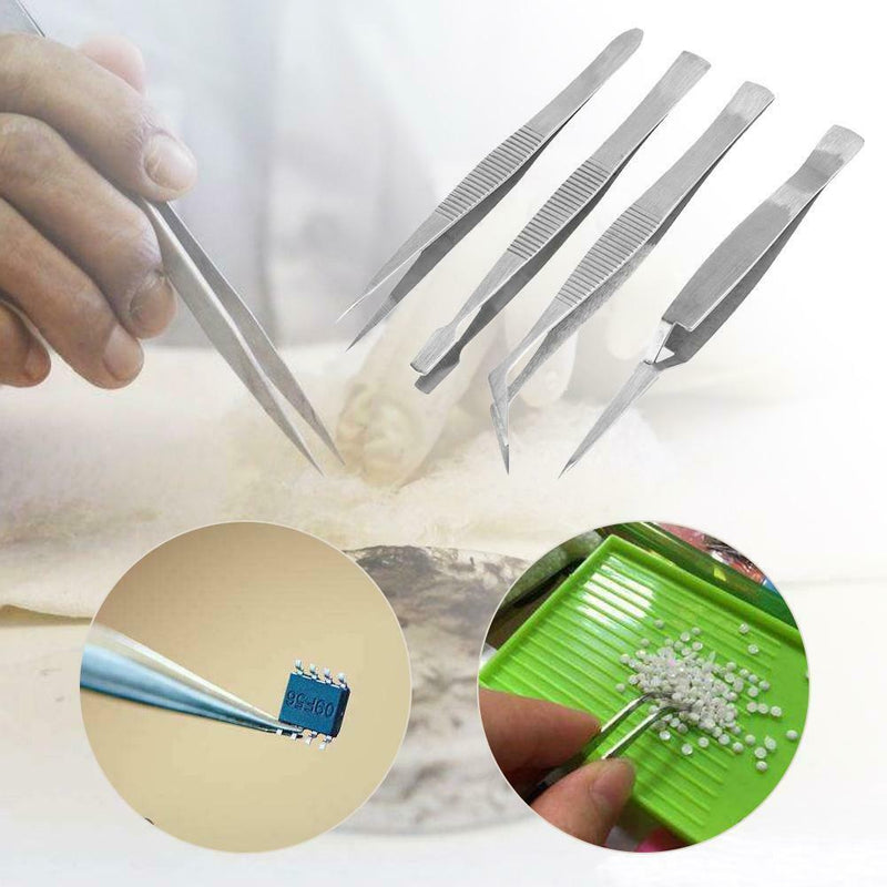4pcs Stainless Steel Tweezers Pointed Elbow Flat Cross for Craft Kraft A