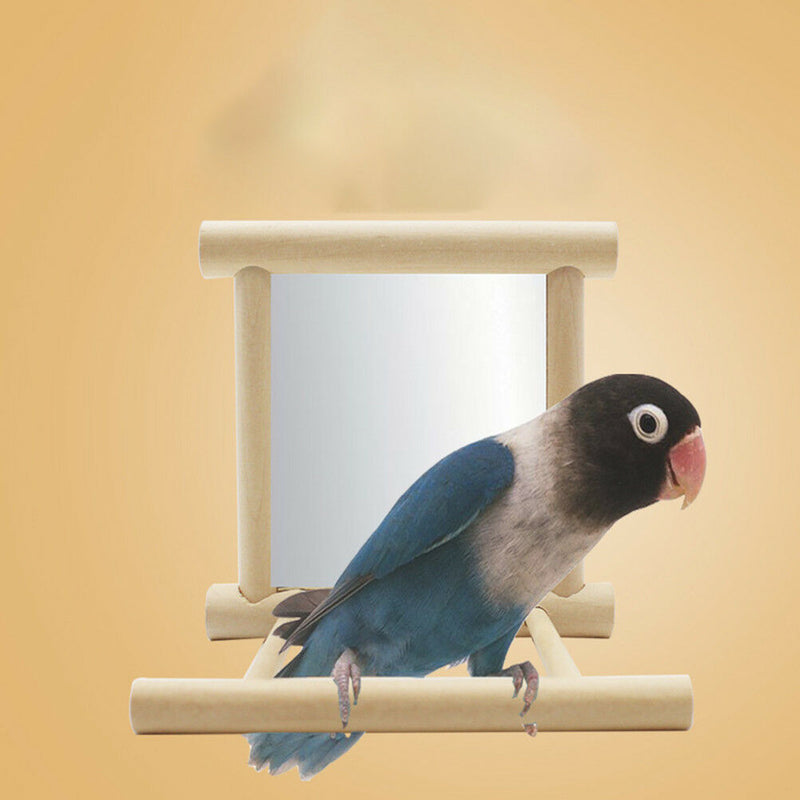 Bird Mirror & Perch Wooden Interactive Bird Toys Budgie Canary Cockatiel Finch F