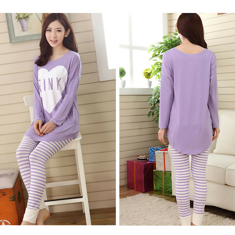 Womens Pajama Sleepwear Nightwear Set Long Sleeve Round Neck Tops Stripe Pants