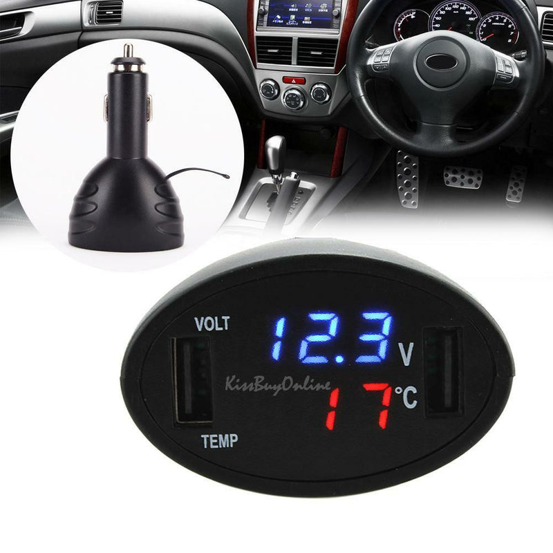 3 in 1 LED Digital Car 12V Dual USB Port Charger LED Thermometer Voltmeter