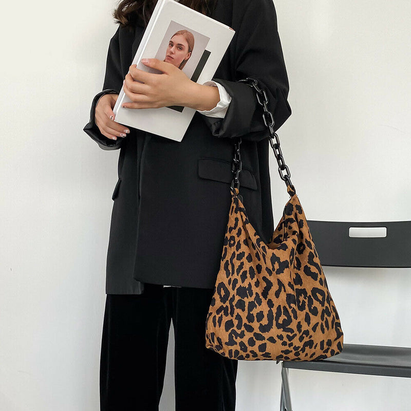 Fashion Corduroy Handbag Chain Totes Lady Shoulder Shopping Bag (Leopard)
