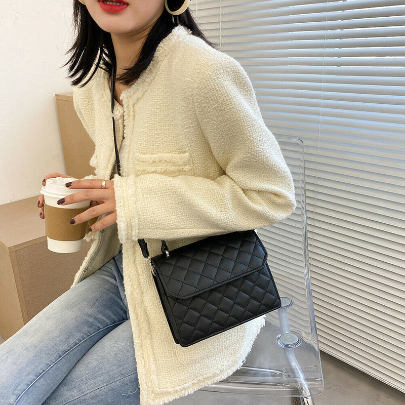 Lattice Women Messenger Bag Small Square Shoulder Crossbody Handbag (Black)