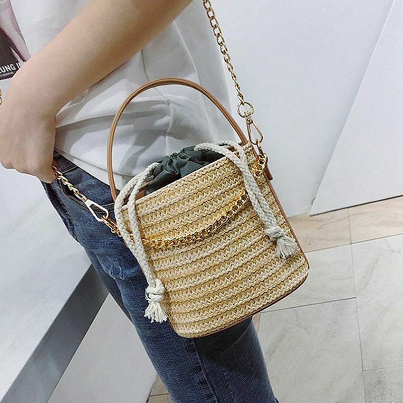 Women Straw Handbag Tote Summer Holiday Woven Bucket Bag Leisure Chain Shou H9W7