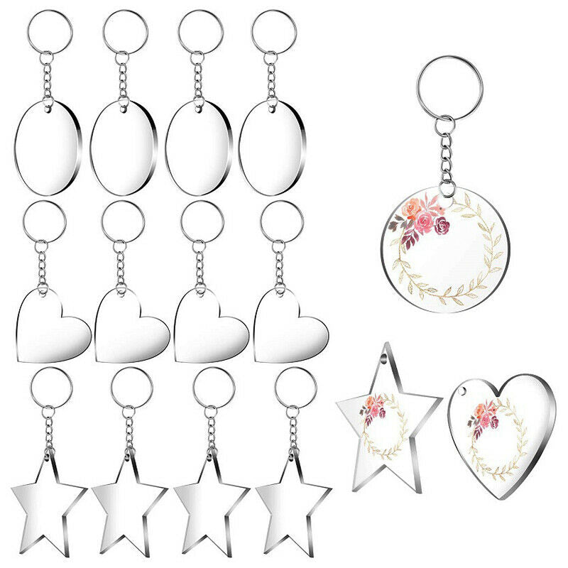DIY 24Pcs Transparent Acrylic Keychain Blank Star Heart Circle Discs+Tassels #