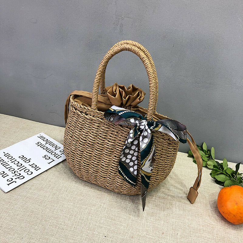 Retro Women Girls Hollow Straw Handbags Beach Handmade Woven Drawstring Totes