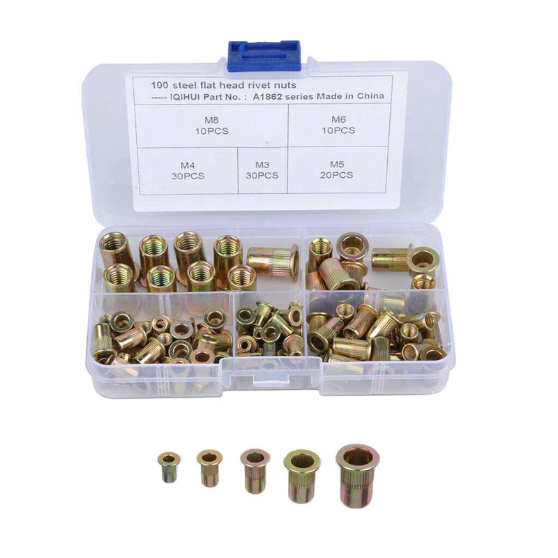 100-Pack Zinc Plated Carbon Steel Rivet Nut Flat Head Insert Nuts M3-M8