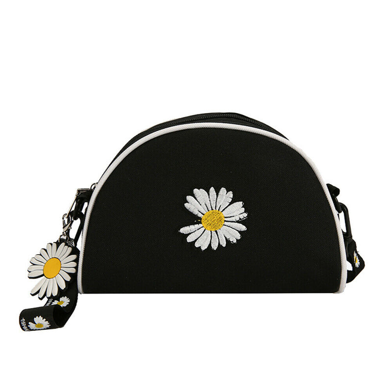 Women Canvas Crossbody Bag Semicircle Shoulder Flower Sling Handbag (Black)