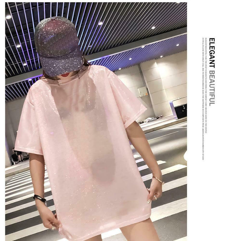Fashion Women Bling Solid Short Sleeve Loose T-Shirts Long Tops (Pink XL)