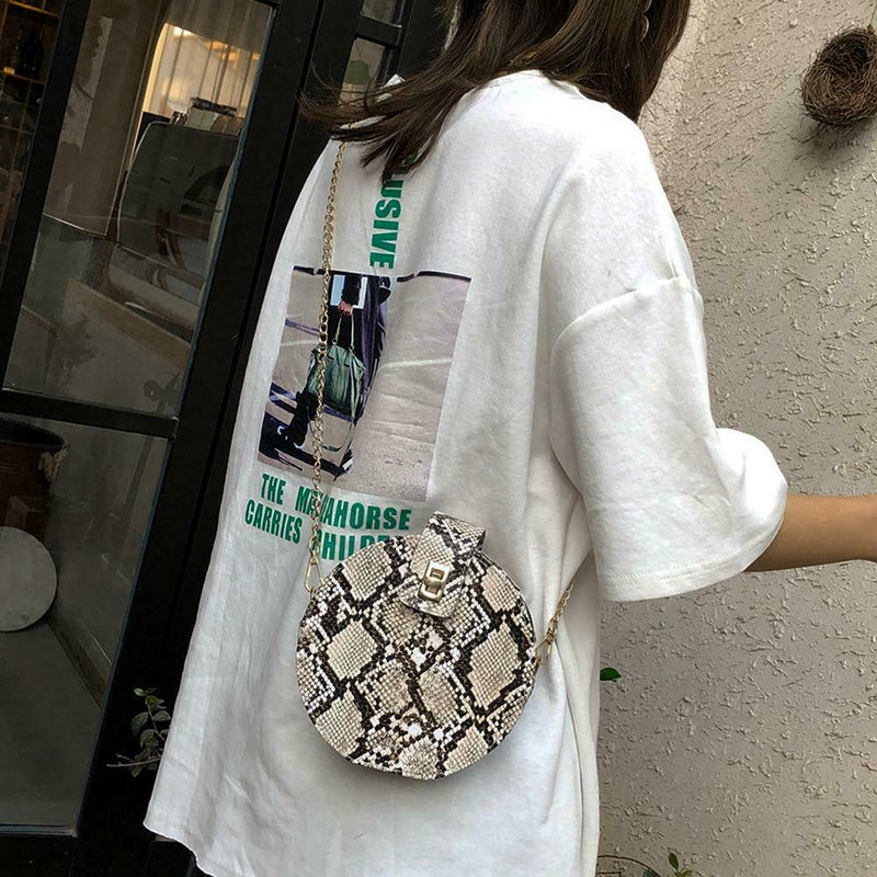 Retro Serpentine Round Women Handbags Small PU Leather Shoulder Bag (Khaki) A