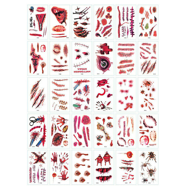 30Pcs Halloween Lifelike Bloody Wound Scary Waterproof Temporary Tattoo Stic Kw
