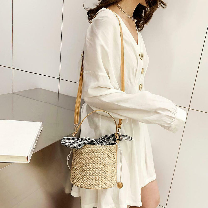Straw Shoulder Messenger Handbags Women Crossbody Bucket Bags (Light Brown)