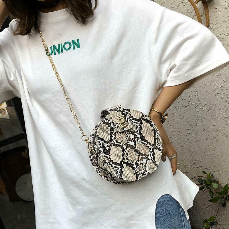 Retro Serpentine Round Women Handbags Small PU Leather Shoulder Bag (Khaki) A