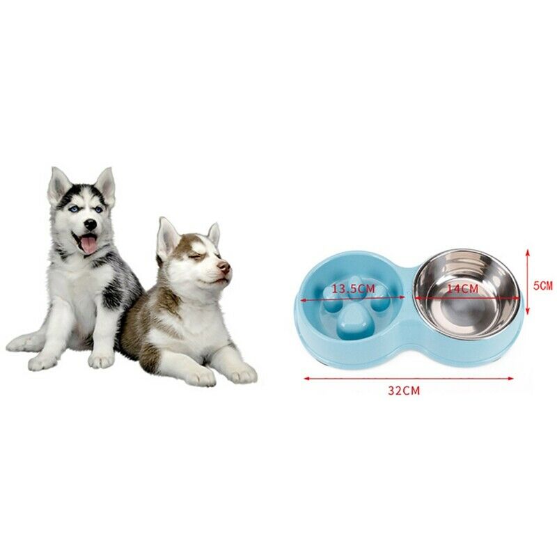 Dog Double Bowl Wheat Straw Stainless Steel Slow Food Pet Bowls Feeding and
