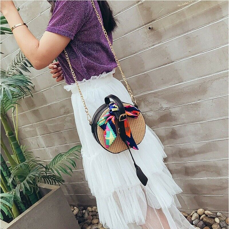 Women's straw bag Crossbody bag Woven bag Summer leisure bag Small round si E7B1