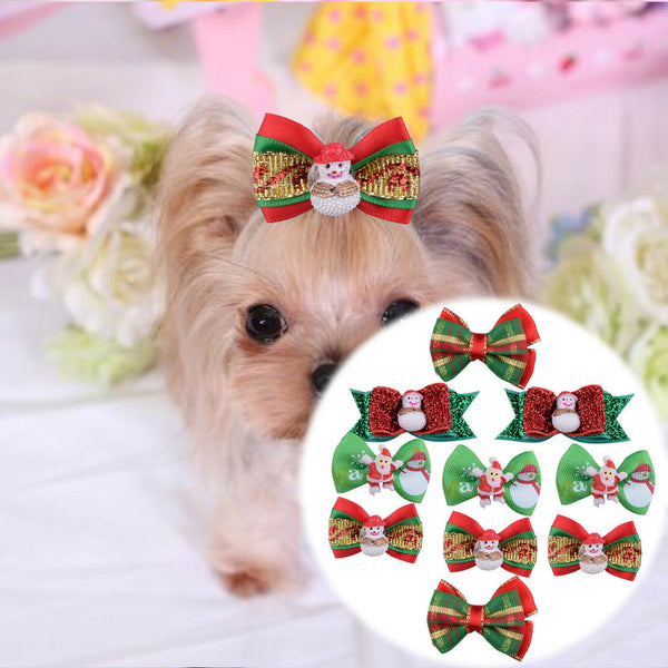 10pcs Handmade Dog Cat Santa Hair Bows Rubber Band Ties Pet Christmas Grooming
