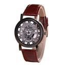 Fashion Business Skeleton Watch Men Engraving Hollow Quartz Wristwatch Leat