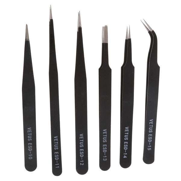 6Pcs/Set Stainless Steel Anti-static Tweezers Forceps Maintenance Tool Kit