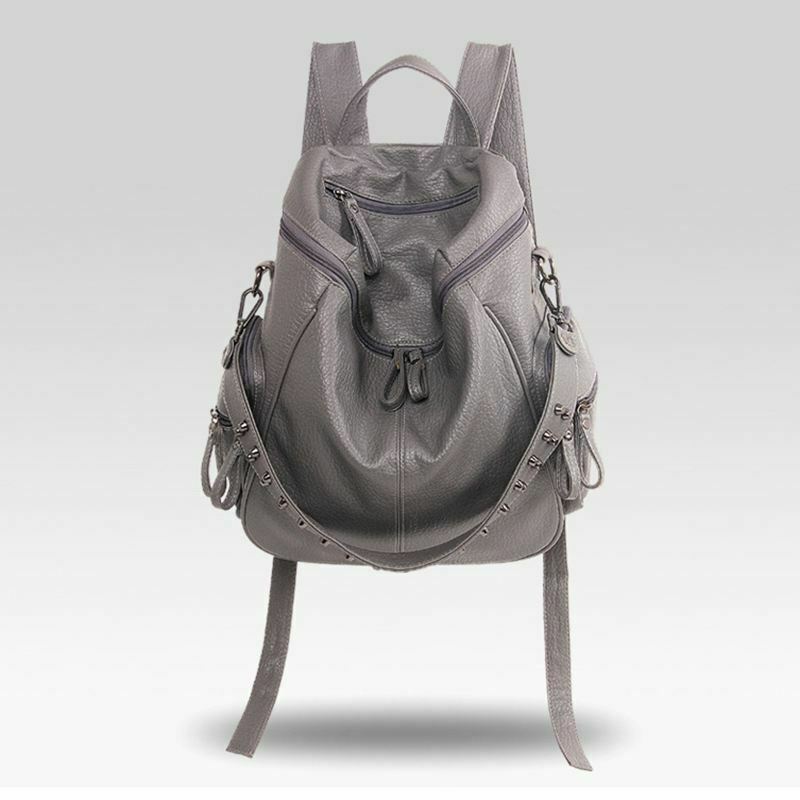 Women Backpack Purse 3 ways PU Washed Leather Rivet Studded Ladies Rucksack R6W7