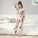 Women Autumn V-neck print 2-pcs Pajama Sets Floral Long Sleeve Sleep Wear C F2E9