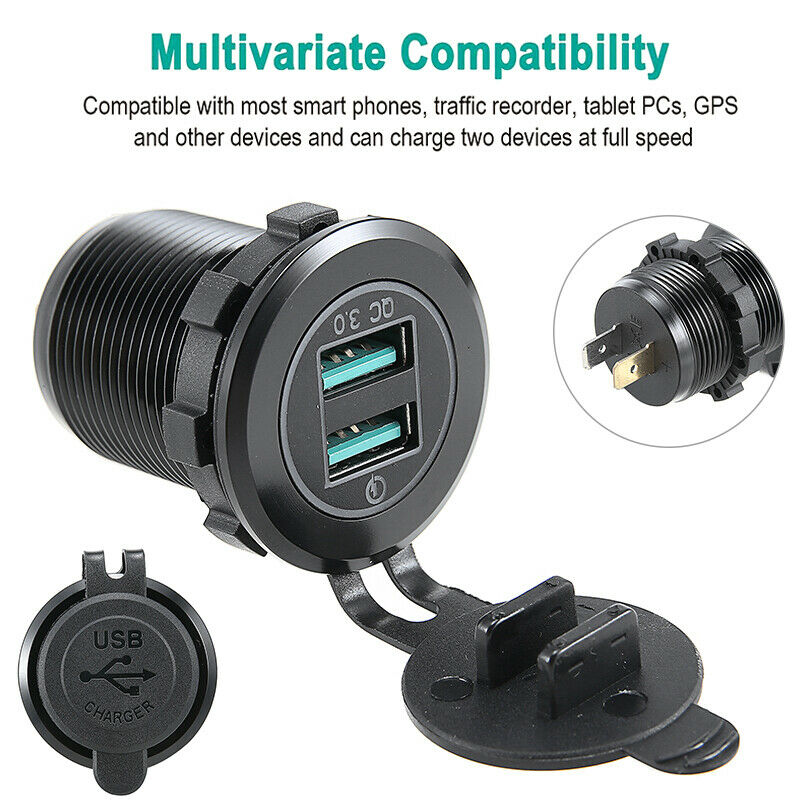 For Car Boat Truck QC3.0 Dual USB Fast Charger Adapter Socket Power Outlet 12V